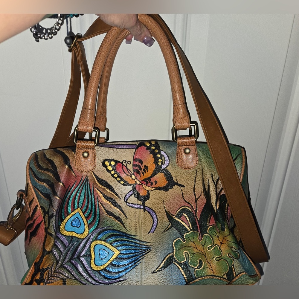 Genuine leather hand painted Anuschka Colorful Butterfly, and Peacock Design